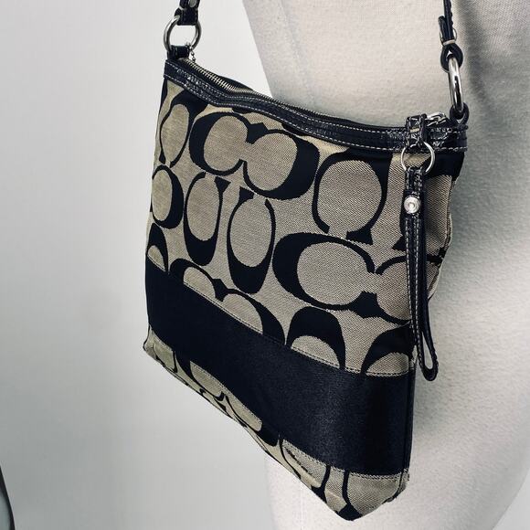 Vintage Y2k Coach Signature Stripe Logo Shoulder Bag Zip Top Canvas Black Gray - Picture 2 of 16